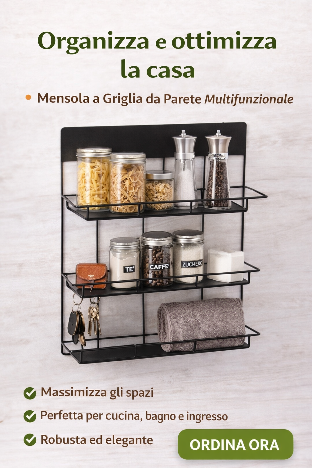 Estante de rejilla de pared de metal negro con organizador