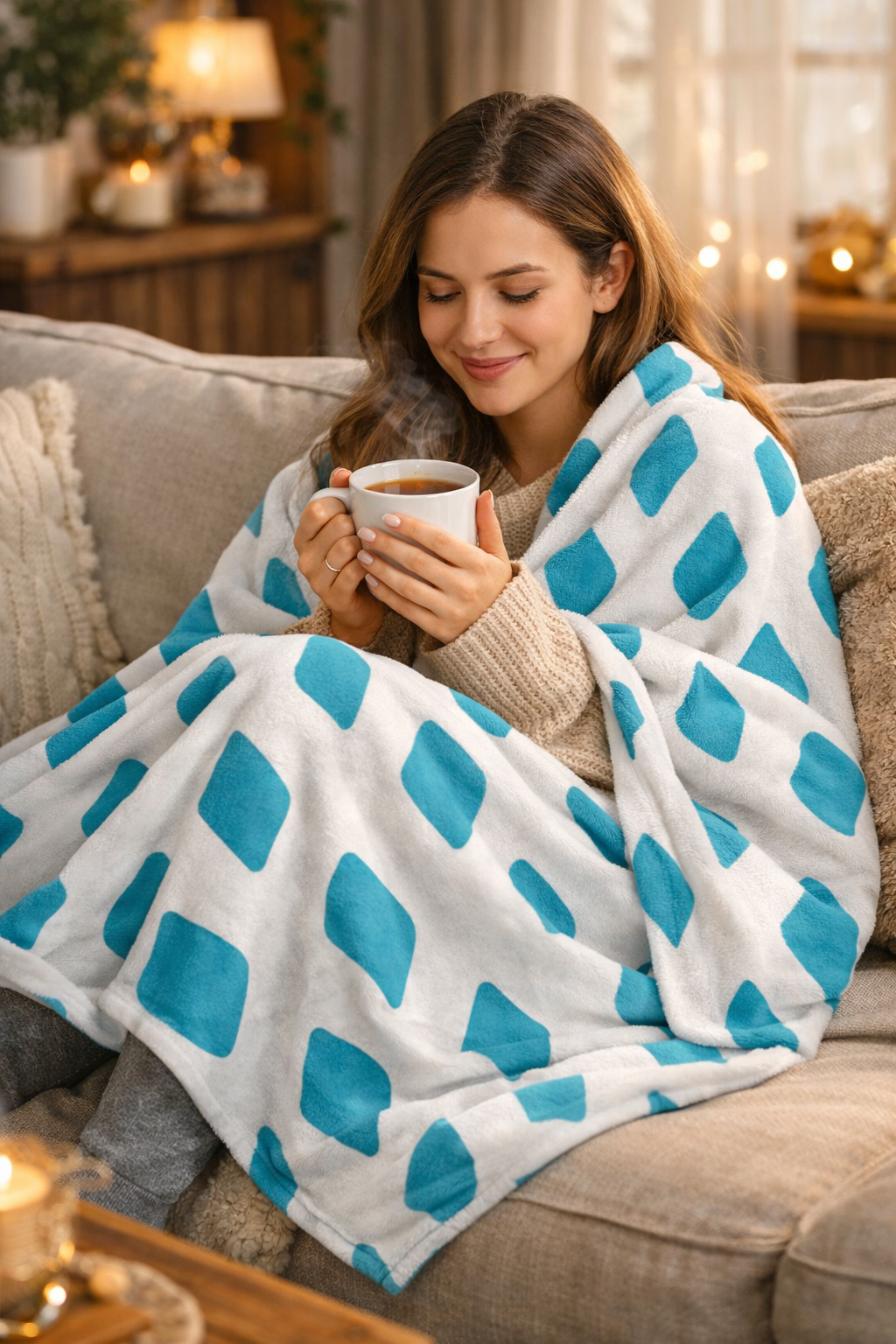 Manta Blanca con Diseños Geométricos Azules Suave – Plaid de Diseño Moderno para Sofá y Cama