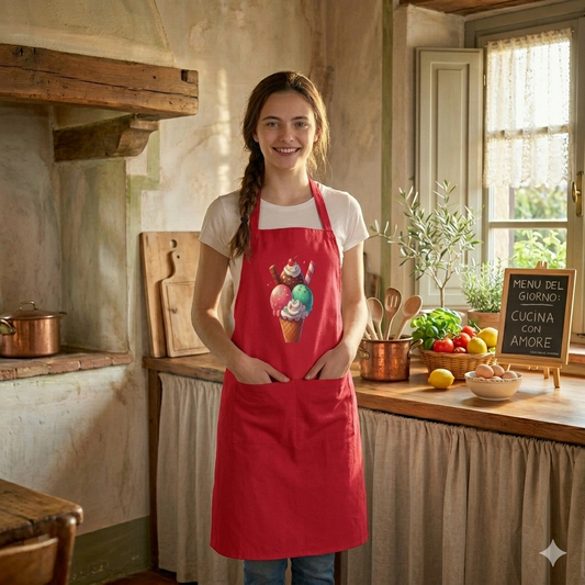 Delantal de cocina rojo de algodón con diseño de un bonito helado